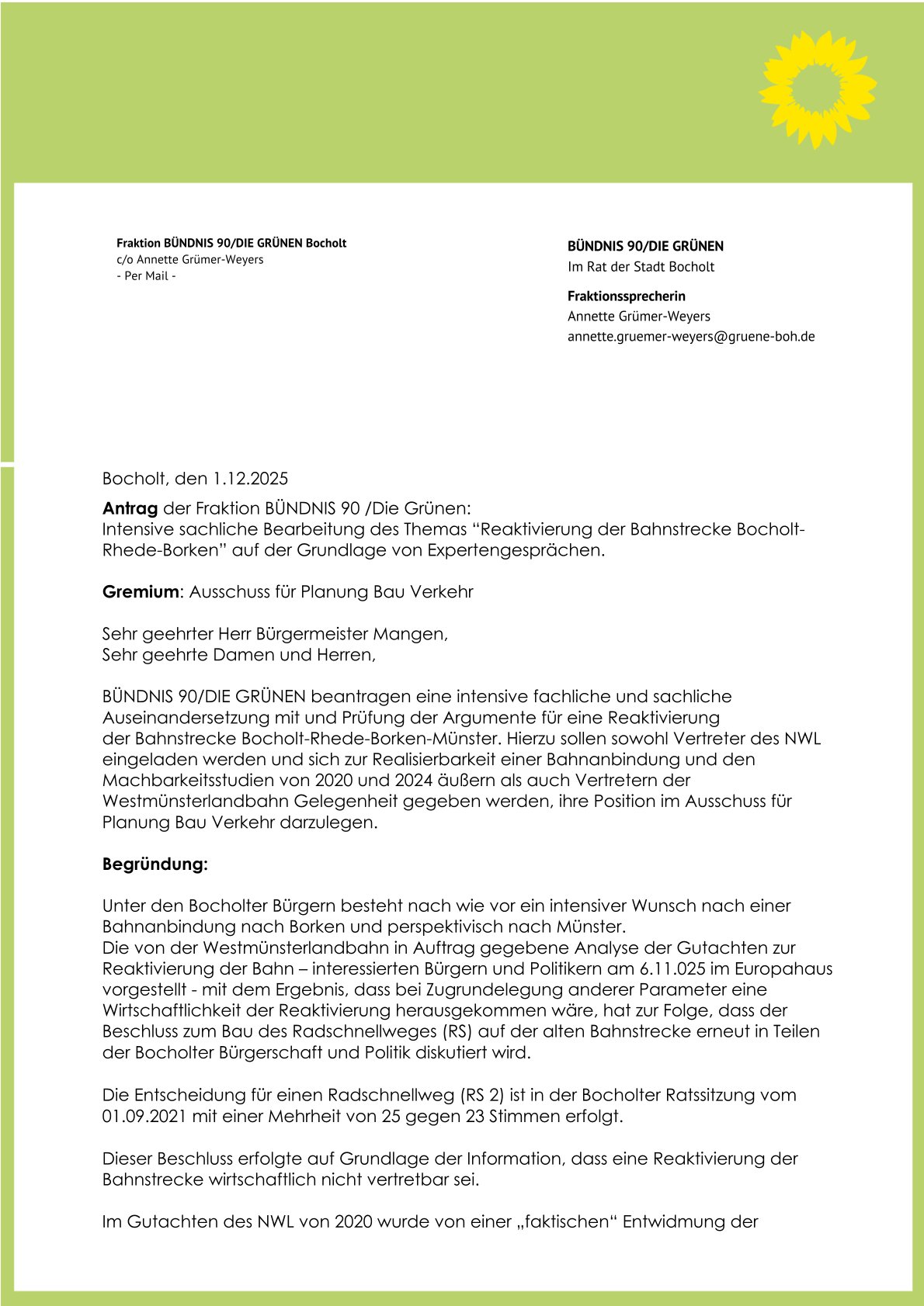 Antrag "Intensive sachliche Bearbeitung des Themas &ldquo;Reaktivierung der Bahnstrecke Bocholt- Rhede-Borken&rdquo; auf der Grundlage von Expertengespr&auml;chen. Antrag der Fraktion B90/Die Gr&uuml;nen v. 2.12.2025" Seite 1 v 2