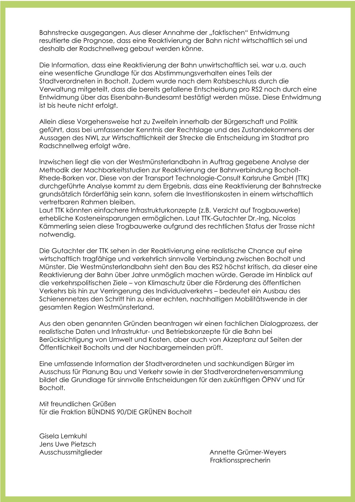 Antrag "Intensive sachliche Bearbeitung des Themas &ldquo;Reaktivierung der Bahnstrecke Bocholt- Rhede-Borken&rdquo; auf der Grundlage von Expertengespr&auml;chen. Antrag der Fraktion B90/Die Gr&uuml;nen v. 2.12.2025" Seite 2 v 2