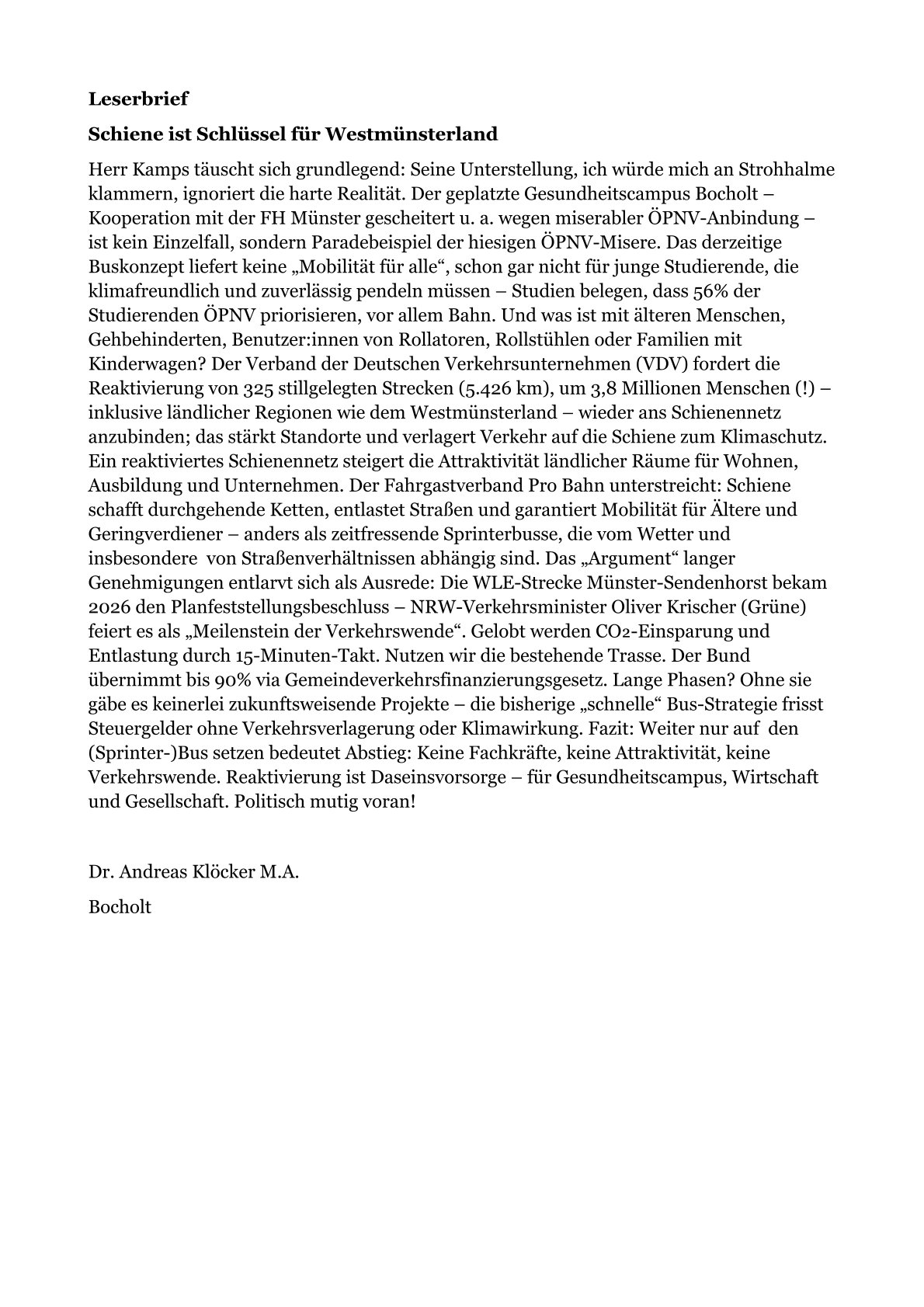 Abgelehnter Leserbrief Dr. Andreas Kl&ouml;cker M.A. zum Thema "Gesundheitscampus BOH - &Ouml;PNV-Anbindung" v. 19.03.2026
