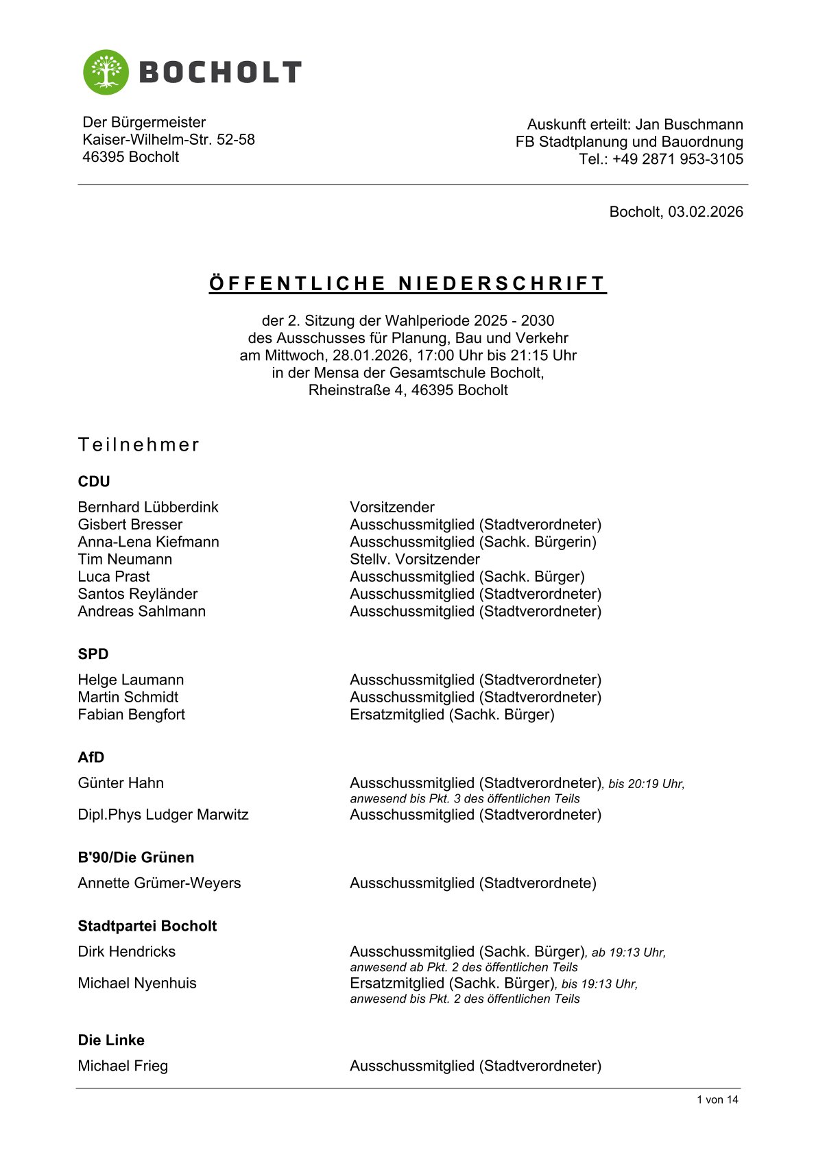 Ausz&uuml;ge aus dem &ouml;ffentlichen Protokoll zur Ausschusssitzung v. 28.01.2026, die nur den Tagesordnungspunkt "Bahn" bzw. Antrag von B&uuml;ndnis90/Gr&uuml;ne ber&uuml;cksichtigen. Seite 1 v 9
