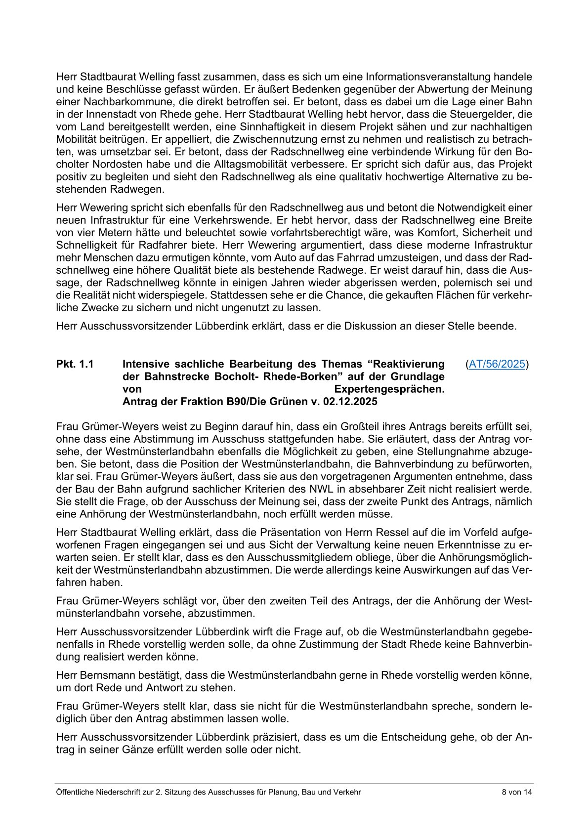 Ausz&uuml;ge aus dem &ouml;ffentlichen Protokoll zur Ausschusssitzung v. 28.01.2026, die nur den Tagesordnungspunkt "Bahn" bzw. Antrag von B&uuml;ndnis90/Gr&uuml;ne ber&uuml;cksichtigen. Seite 8 v 9