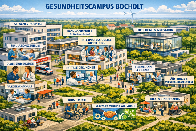 Gesundheitscampus BOH - Zukunft weiter ungewiss - auch aufgrund der schlechten &Ouml;PNV-Anbindung Richtung M&uuml;nster.  Quelle: KI-generiertes Bild!