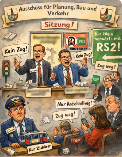 Einseitige Aussprache zum Thema "Bahn" im Bocholter Ausschuss f&uuml;r Planung, Bau und Verkehr am 28.01.2026. Quelle / Hinweis: KI-generiertes Bild.